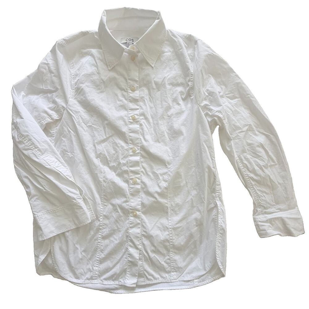 COS Women's White Cotton Stretch Front Darted Collared Long Sleeve Shirt Sz 4 - Picture 1 of 4
